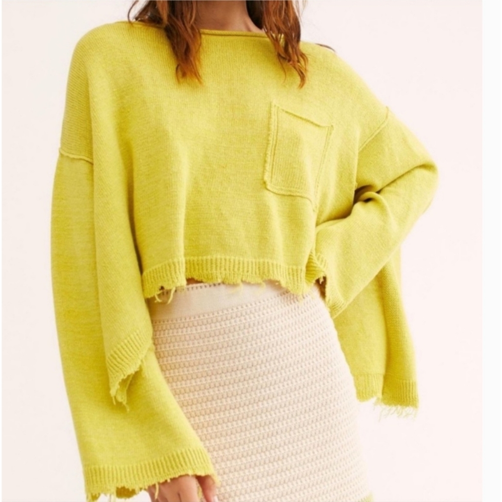 Free People Chartreuse Off-the-Shoulder Sweater slouchy grunge 💚 - Picture 7 of 11